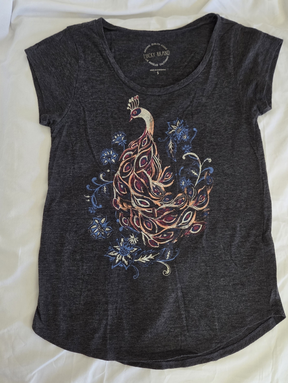 Lucky Brand Heather Charcoal Peacock Floral Graphic Tee Shirt Small S